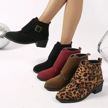 Femei Leopard Cizme Scurte Noua Moda Confort Scăzut Pantofi cu Toc Curea Catarama Non-alunecare de Mari Dimensiuni Casual Tocuri inalte Botas Femininas