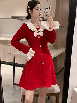 Femei Roșu Chenille Mozaic Ciufulit Guler de Papusa Mini Rochie Toamna Iarna Moda Y2k Rochie 2023 coreean Elegant Vestidos