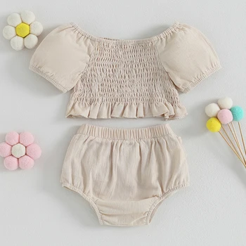 Fetița Set De Pantaloni Scurți Drăguț Nou-Născut Maneca Scurta Plisata De Sus Cu Elastic Talie Pantaloni Scurți Copil Haine De Vară