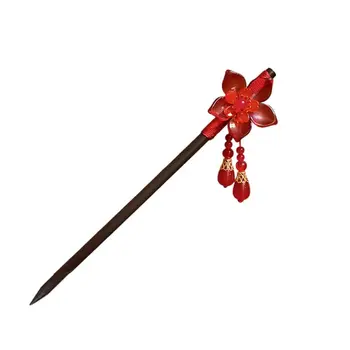 Flori din Lemn Stick de Păr Antic Ciucure de Anul Nou Hanfu Ac de păr Roșu Stil Chinezesc pentru Femei