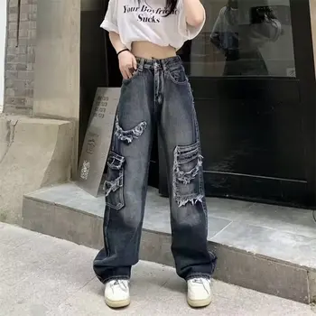 Japoneze Y2k Streetwear Moda Vintage Femei Blugi Negri Largi, Supradimensionate, Pantaloni Femei De Înaltă Talie Pantaloni Rupti Haine De Vară