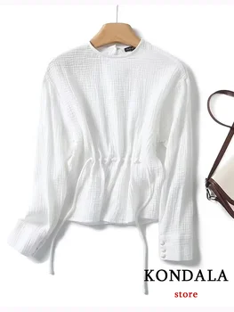 KONDALA Vintage Chic Solide Femei Bluza O de Gât Shirring Maneca Lunga Tricouri Largi Noua Moda 2024 Toamna Casual Bluza Eleganta