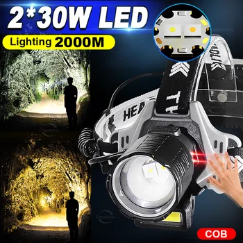 Mai nou Puternic 2*30W LED Far 3*18650 USB Reîncărcabilă Cap Lanterna Impermeabil în aer liber Zoom Camping Pescuit Felinar
