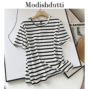 Modishdutti De Vară 2024 De Femei De Moda De Înaltă Calitate, Cu Dungi, Maneci Scurte T Shirt Doamnelor Casual Gât Topuri Tricouri