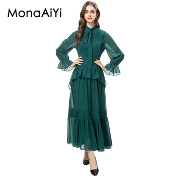 MonaAiYi 2023 Noua Pistă de Moda Designer de Femei stand-up Guler Ciufulit Marginea Manșon de Puf Verde Rochie Retro