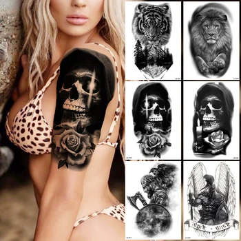 Negru Craniu Schelet De Flori De Trandafir Tatuaje Temporare Pentru Femei Adulți Tigru Leu Pădure Cavaler Autocolant Tatuaj Fals Brațul Înfricoșător Tatoo