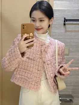 Nouă Primăvară De Toamnă Vintage Roz Tweed Țese Haina Jacheta Femei Mici Parfumuri Coreean Ciucure Scurte, Paltoane Elegante De Îmbrăcăminte Exterioară A29