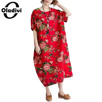 Oladivi de Mari Dimensiuni Femei Imprimate Dress 2022 Vara Casual Ladies Vrac Lenjerie de pat din Bumbac Rochii Supradimensionate Tunici Vestidios STK 8828