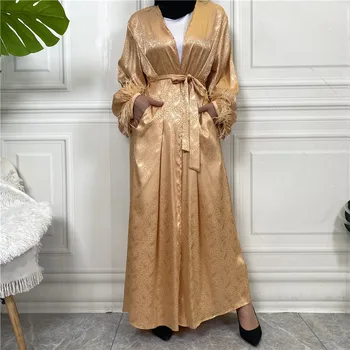 Pană Satin Ramadan Eid Femeile Musulmane Deschide Abaya Turcia Islamică Cardigan Kimono Maxi Rochie Caftan Femme Musulmane Halat Jalabiya
