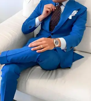 Personalizat Albastru Regal Bărbați Rever Blazer Vamal cel Mai bun Om la Nunta Mirele Rochie de Bal 2 Bucati Mens Costume (Sacou + Pantaloni)