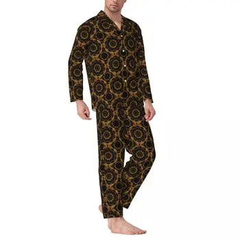 Retro Mandala Pijamale De Sex Masculin De Aur Print Floral Drăguț Dormitor Sleepwear Toamnă Două Piese Vintage Supradimensionat Personalizate Set Pijama