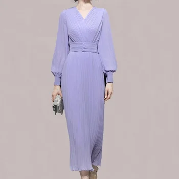 Rochii elegante pentru Femei Toamna Iarna Slim Cutat Șifon Violet Moda Noua Temperament franceză Violet Felinar Mâneci Talie