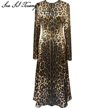 Seasixiang Designer De Moda Toamna Mătase Rochie Sirena Femei O-Gat Maneci Lungi Leopard Print Vintage Rochii De Petrecere