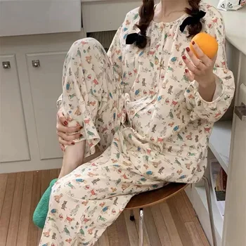 Toamna stil fata mamei lui părinte-copil dulce proaspăt pijamale desene animate casual moale, cu mâneci lungi pantaloni îmbrăcăminte acasă set