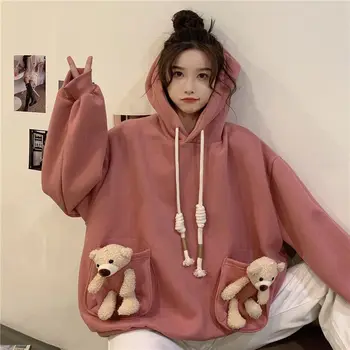 Toamna și Iarna Noi Buzunar Drăguț Mic Urs Hanorac Femei Instagram coreean Liber Academia Stil Versatil Casual Mare Haina de Sus