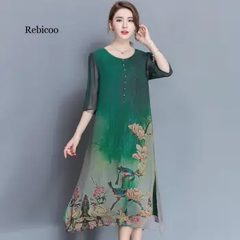 Verde Rochie de Mătase Cu Butoane Jumătate Maneca Print Floral Elegant Chineză Rochii Maxi Pentru Femei de Vară 2020 Halat de femme