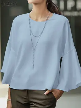ZANZEA Femei Culoare Solidă Camasa Casual Pierde Flare Sleeve Bluza 2023 Toamna Gât Topuri Tunica de Moda coreeană Leagăn Tricouri